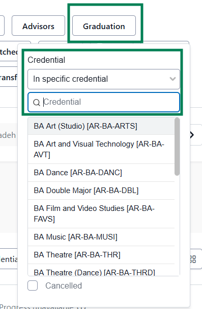 Graduation view filter menu, showing a credential selection, including a dropdown list of credentials expanded with a search field available, displaying credentials, such as BA Art (Studio), BA Art and Visual Technology, BA Dance, BA Double Major, BA Film and Video Studies, BA Music, BA Theatre, and BA Theatre (Dance).