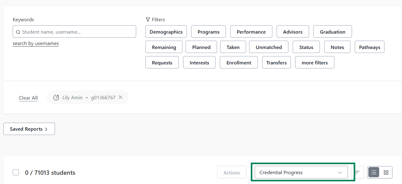 Student dashboard, showing search and filter options, such as Demographics, Programs, Performance, Advisors, Graduation and additional filters. Report view selector at the bottom right shows "Credential Progress".