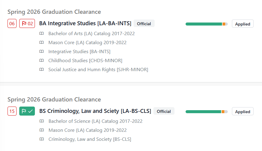 Graduation clearance view for Spring 2026 showing two applied graduation applications, BA in Integrative Studies and BS in Criminology, Law, and Society, with associated academic requirements and progress toward completion.